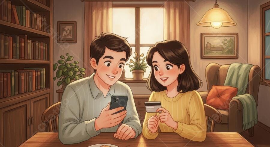 Casal Jovem Fazendo Compras Online Celular Cartão Crédito Ilustração