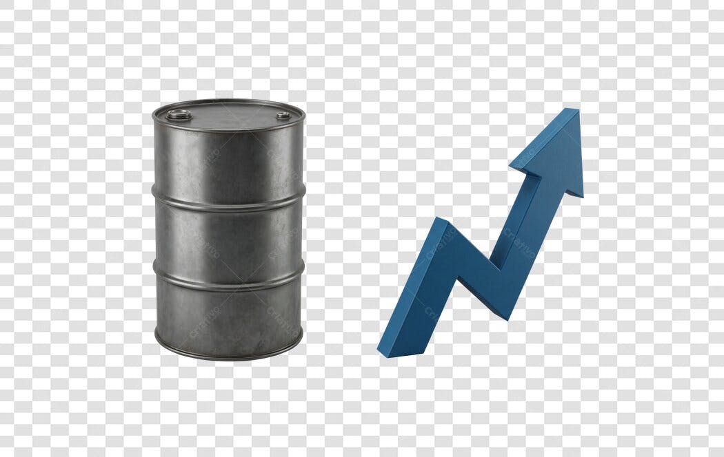 Elemento 3D Barril Petróleo e Seta Azul Crescimento PNG Fundo Transparente