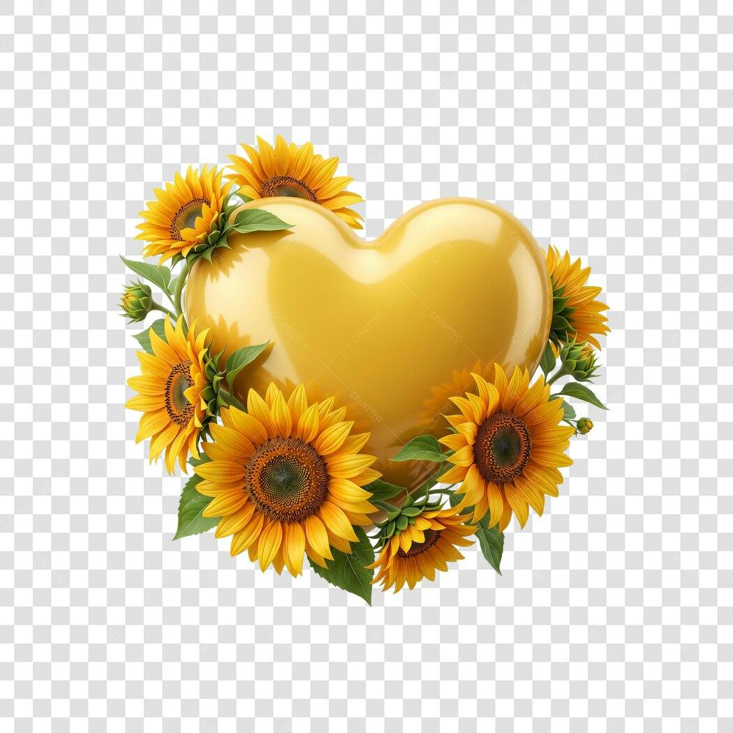 Elemento 3D Coração Amarelo Girassóis PNG Fundo Transparente