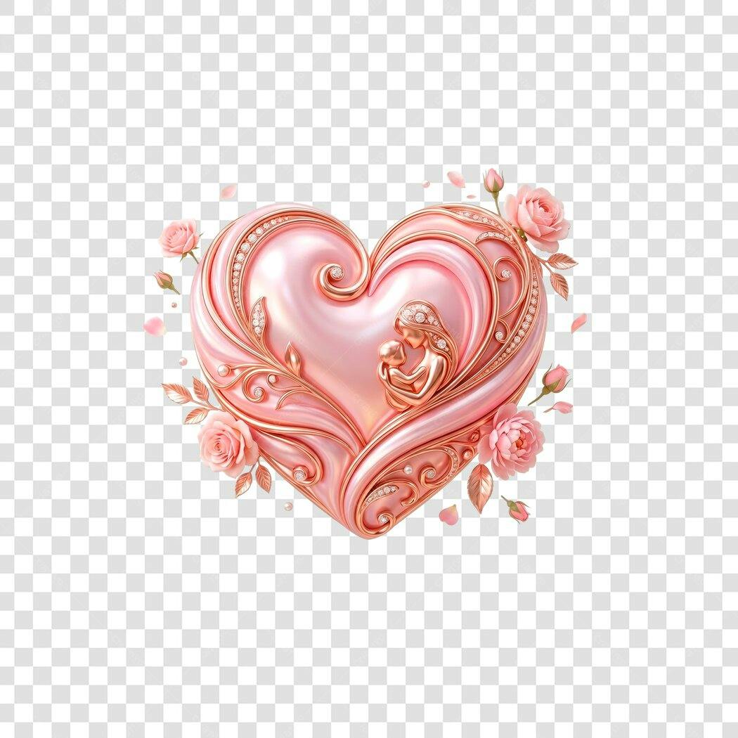 Elemento 3D Coração Dia das Mães Maio Rosas PNG Fundo Transparente