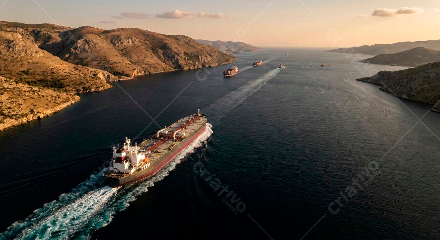 Foto Aérea Navio Petroleiro Navegando Mar Aberto Montanhas