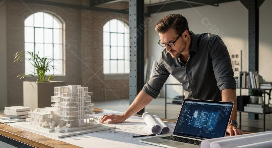 Foto Arquiteto Homem Trabalhando Maquete Projeto Escritório