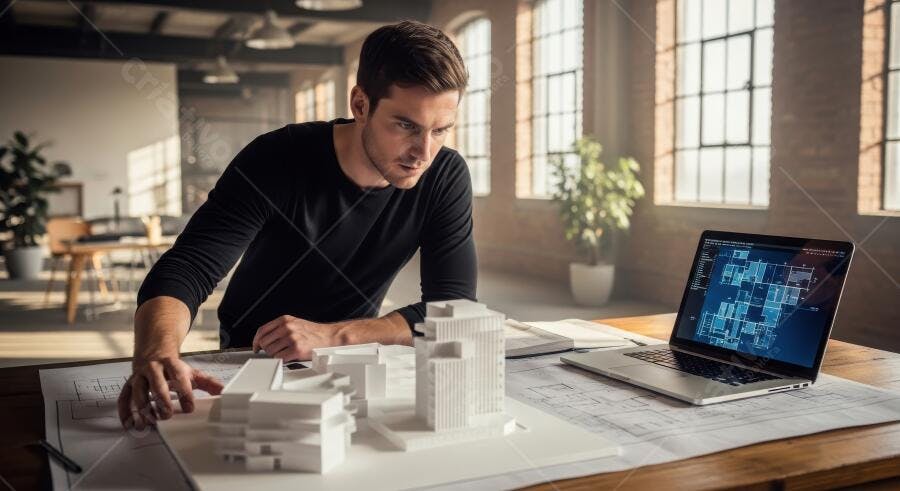 Foto Arquiteto Homem Trabalhando Maquete Projeto Escritório