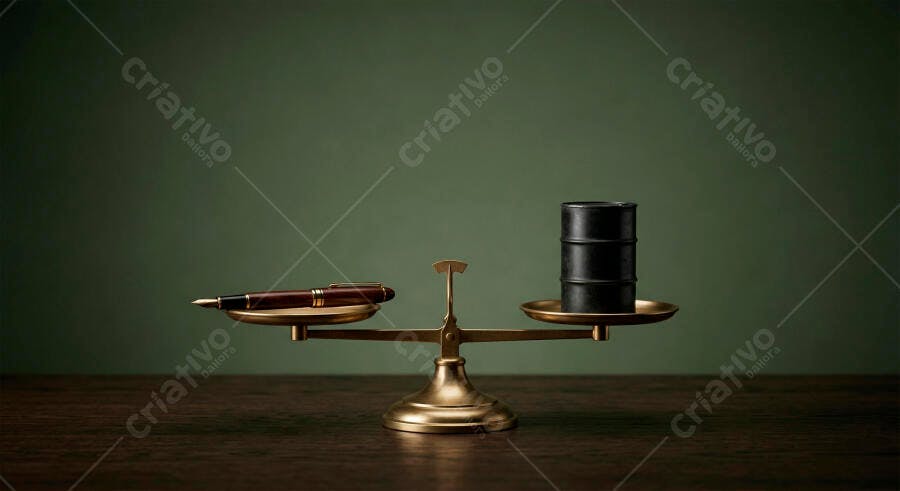 Foto Balança Justiça com Caneta e Barril Petróleo