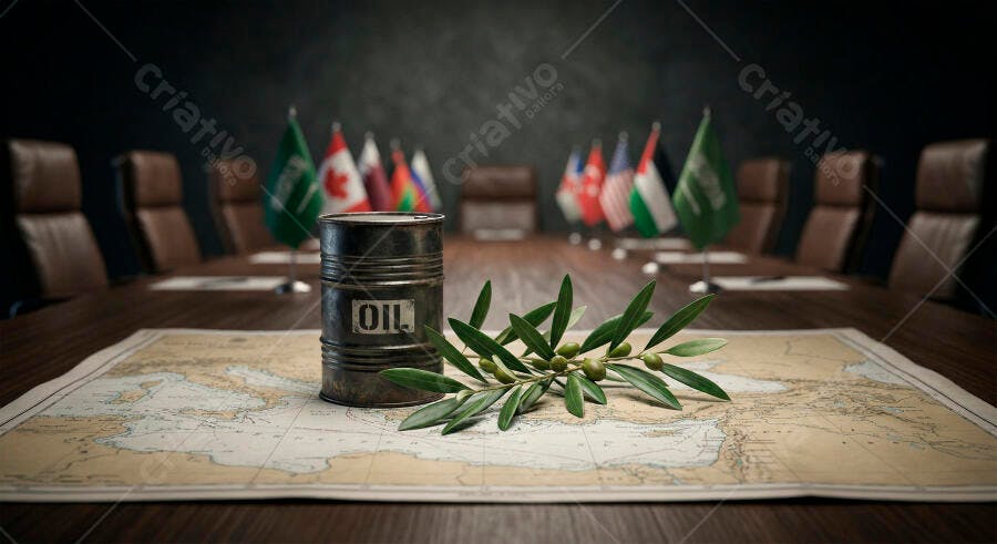 Foto Barril de Petróleo Mapa Mundi Ramo Oliva Reunião Global
