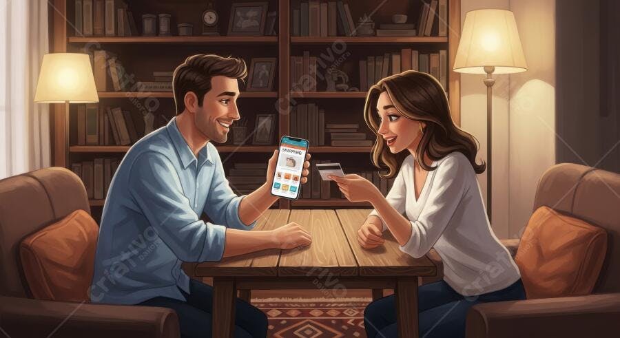 Foto Casal Comprando Online Cartão Crédito Celular