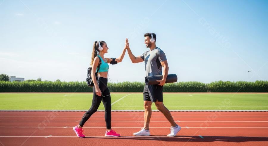 Foto Casal Fitness Dando High Five Pista de Corrida Esporte