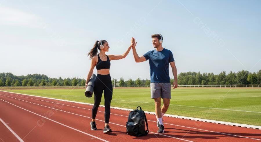 Foto Casal Fitness Dando High Five Pista de Corrida