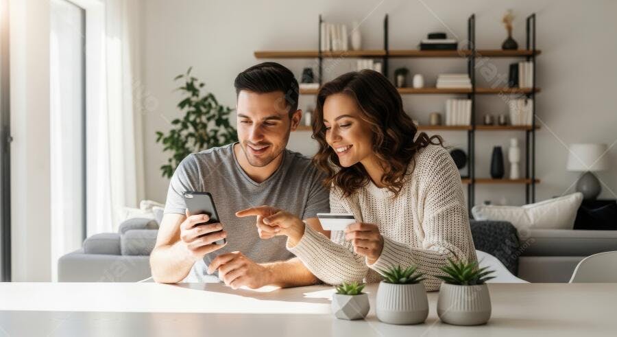 Foto Casal Jovem Comprando Online Celular Cartão de Crédito