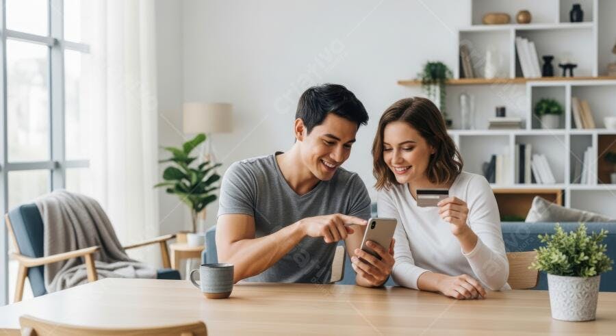 Foto Casal Jovem Comprando Online Celular Cartão de Crédito