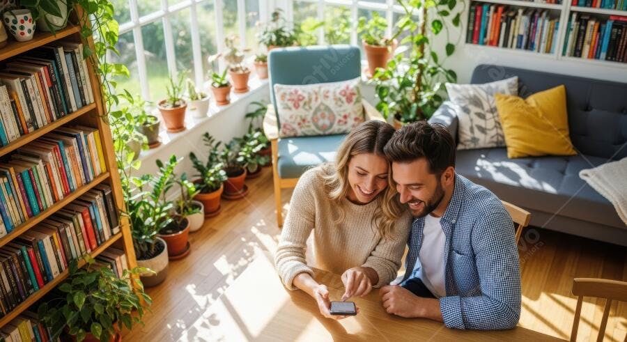 Foto Casal Jovem Sorrindo Usando Celular Sala de Estar