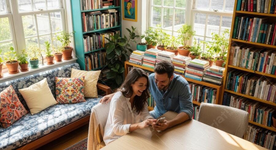 Foto Casal Latino Rindo Usando Celular Sala Biblioteca