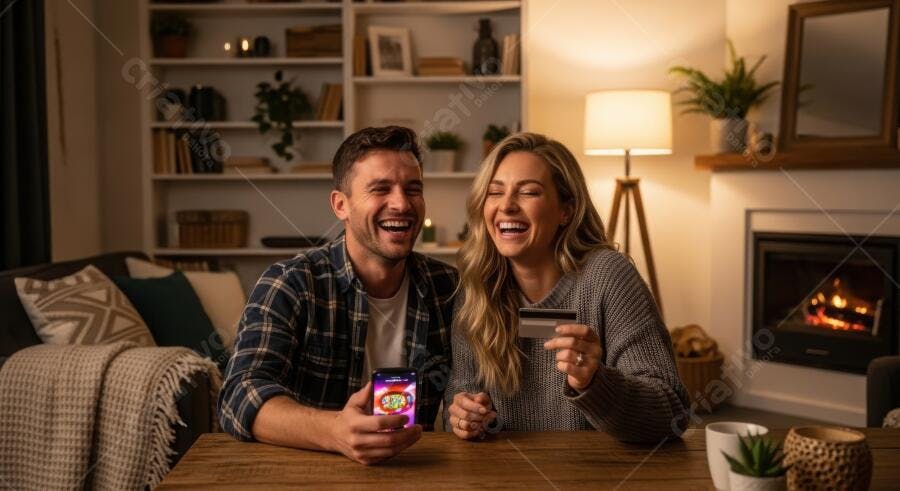 Foto Casal Rindo Comprando Online Cartão Crédito Celular