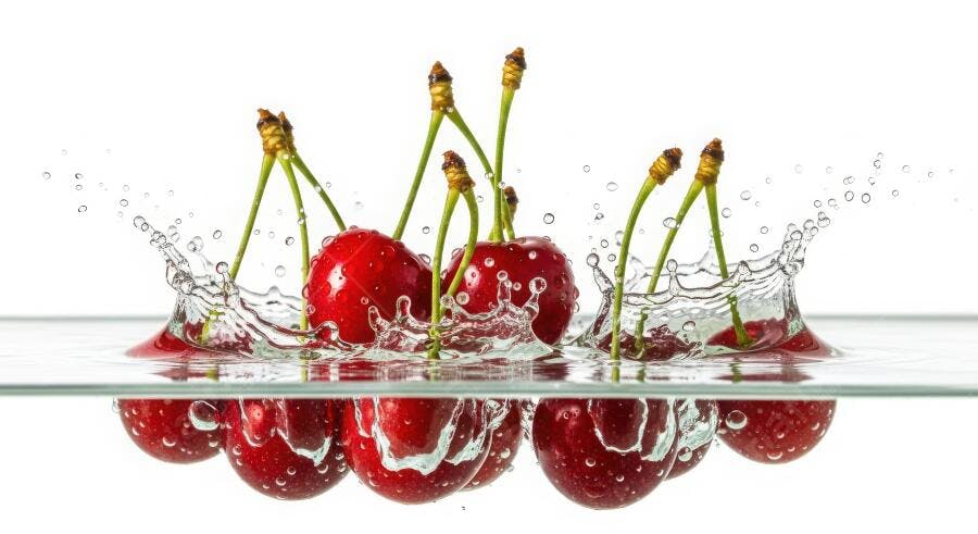 Foto Cerejas Vermelhas Frescas Caindo na Água Splash