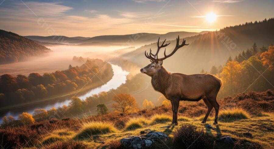 Foto Cervo Veado Vermelho Montanhas Escócia Amanhecer Neblina