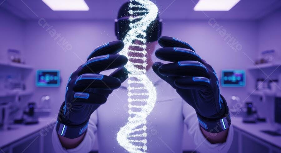 Foto Cientista Luvas VR Interagindo DNA Realidade Virtual
