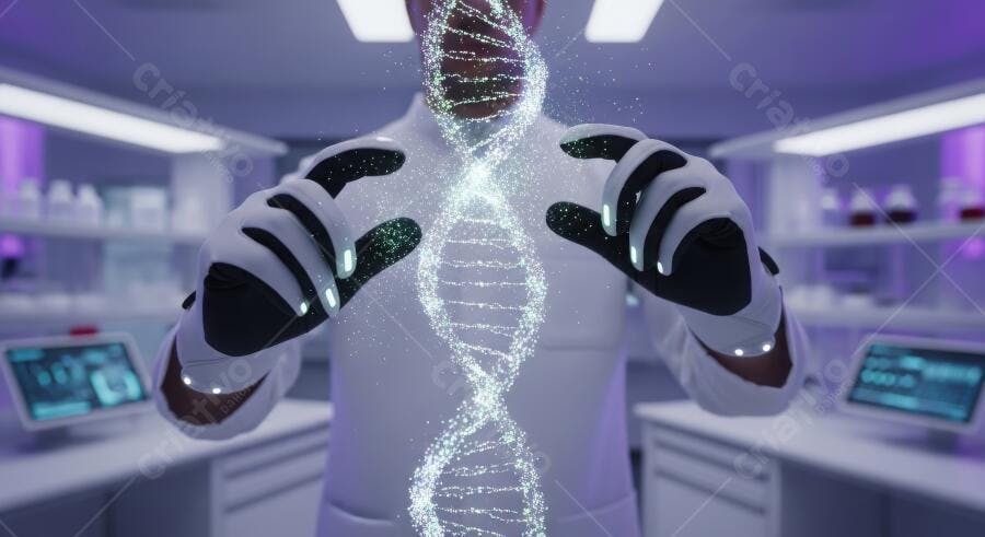 Foto Cientista Robô Interagindo DNA Digital Laboratório