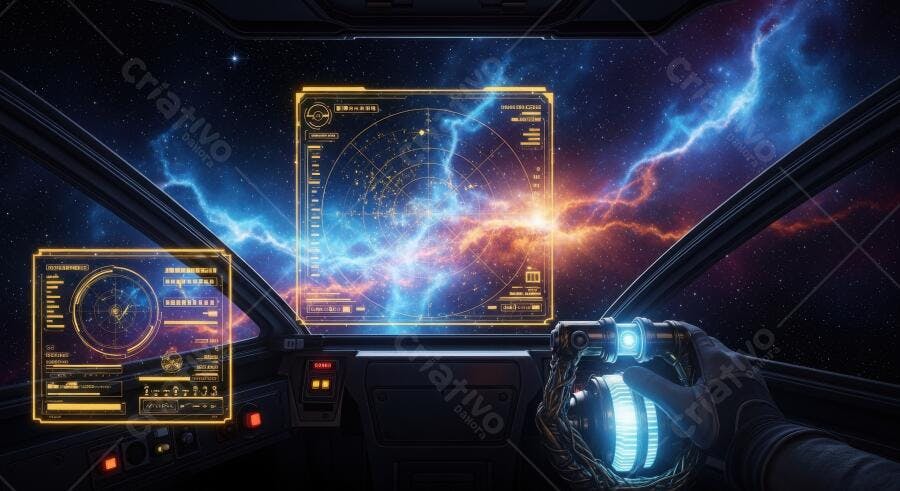 Foto Cockpit Nave Espacial Mãos Piloto Painel Holográfico Galáxia