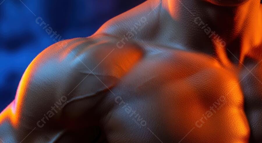 Foto Corpo Masculino Musculoso Iluminação Neon Azul Laranja Fitness