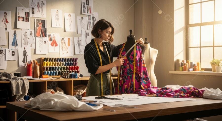 Foto Designer de Moda Medindo Roupa Manequim Ateliê