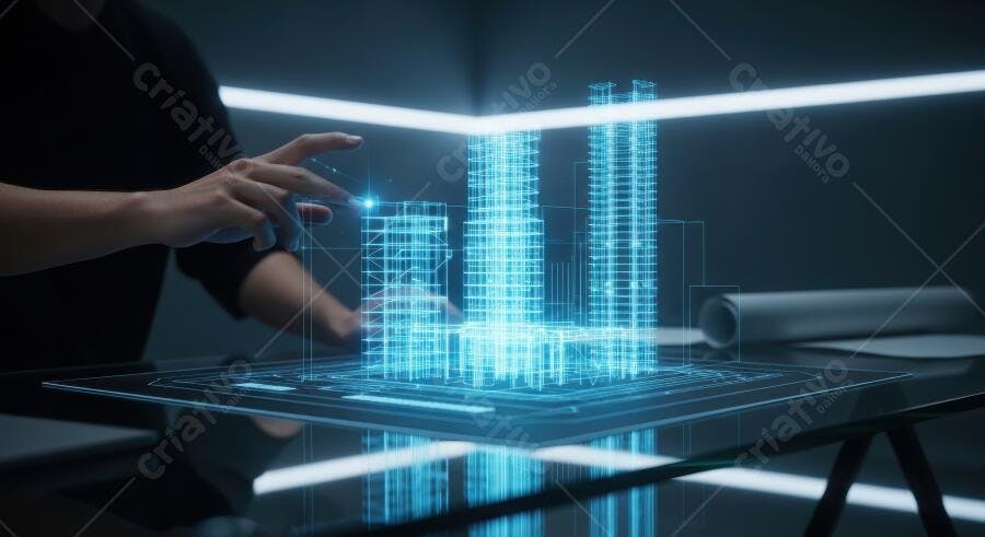 Foto Engenheiro Interagindo Projeto Arquitetônico Holográfico Tecnologia