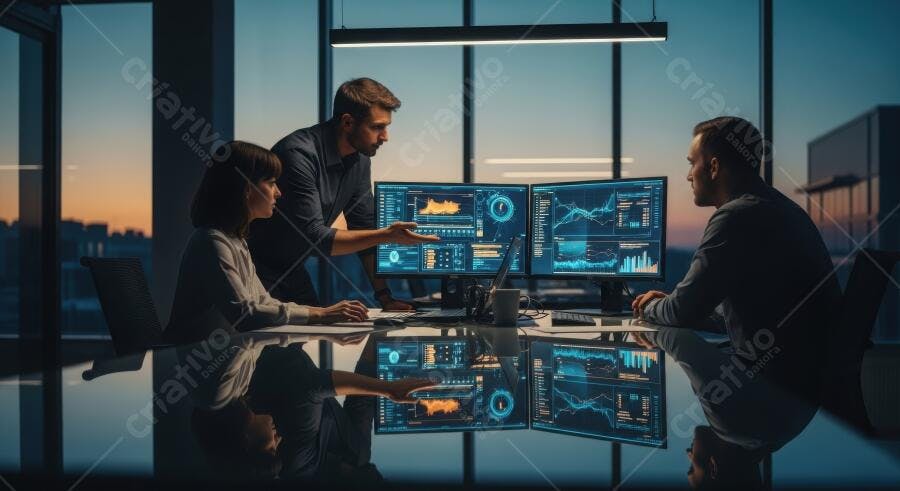 Foto Equipe de Negócios Analisando Dados Gráficos em Escritório Noturno