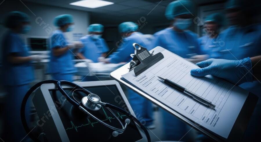 Foto Equipe Médica Cirurgia Hospital Estetoscópio Prancheta