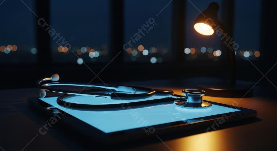 Foto Estetoscópio Tablet Escrivaninha Noturna Iluminada