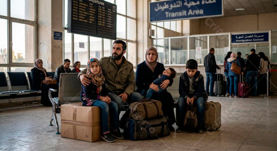 Foto Família Refugiada Migrante Esperando Aeroporto Terminal