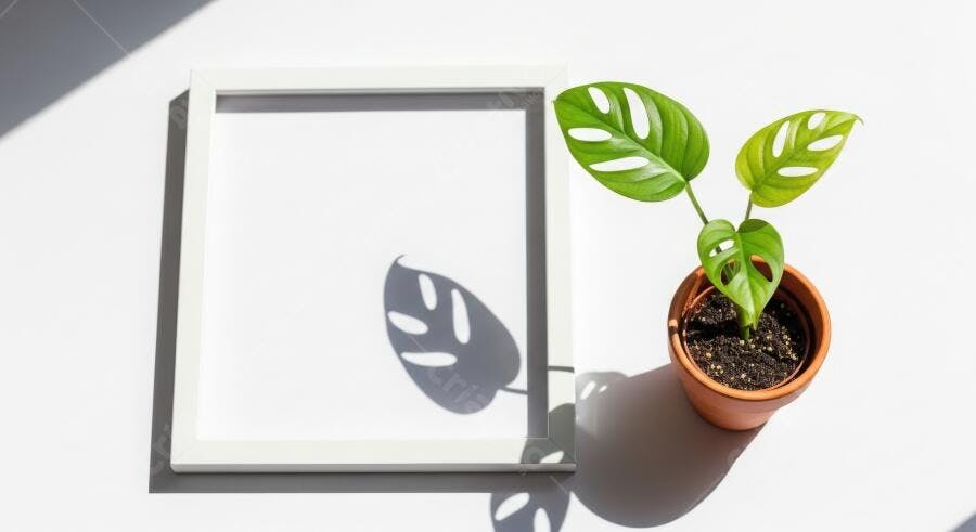 Foto Flat Lay Planta Costela de Adão Vaso Branco Sombra