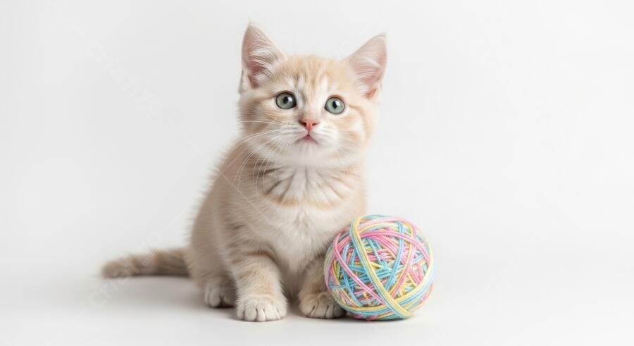 Foto Gatinho Fofo Brincando com Novelo Colorido Fundo Branco