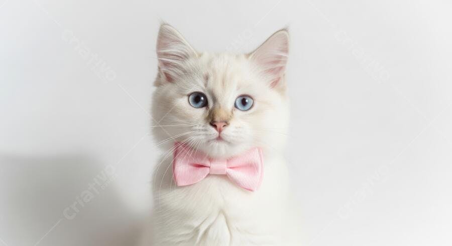 Foto Gato Branco Olhos Azuis Laço Rosa Fundo Branco