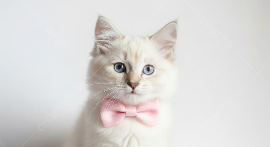 Foto Gato Branco Olhos Azuis Laço Rosa Fundo Neutro