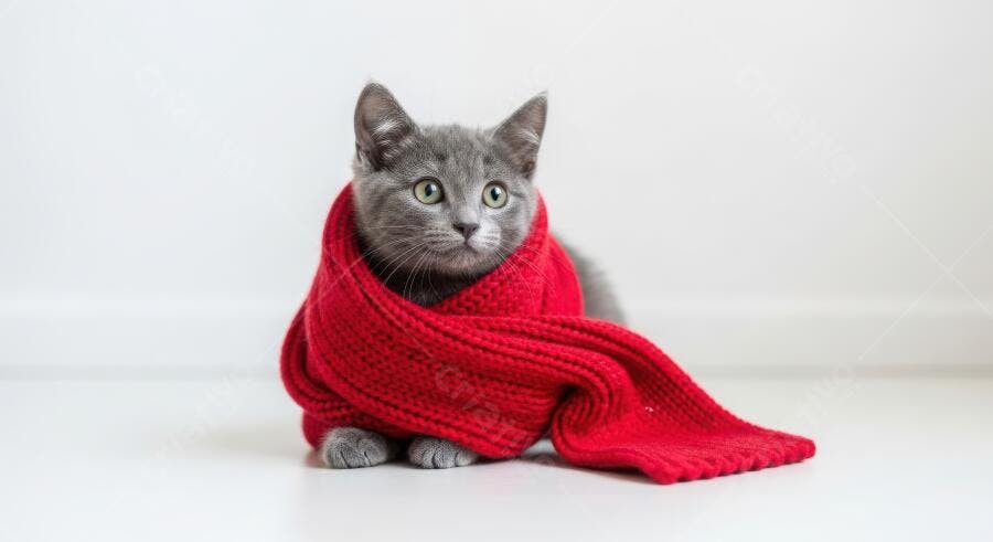 Foto Gato Cinza Filhote com Cachecol Vermelho Fundo Branco