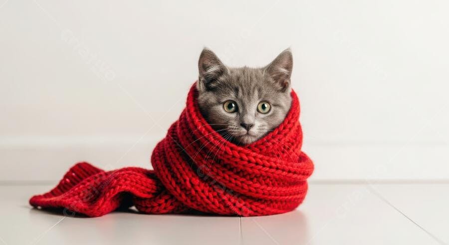 Foto Gato Cinza Filhote Enrolado Cachecol Vermelho Fundo Branco