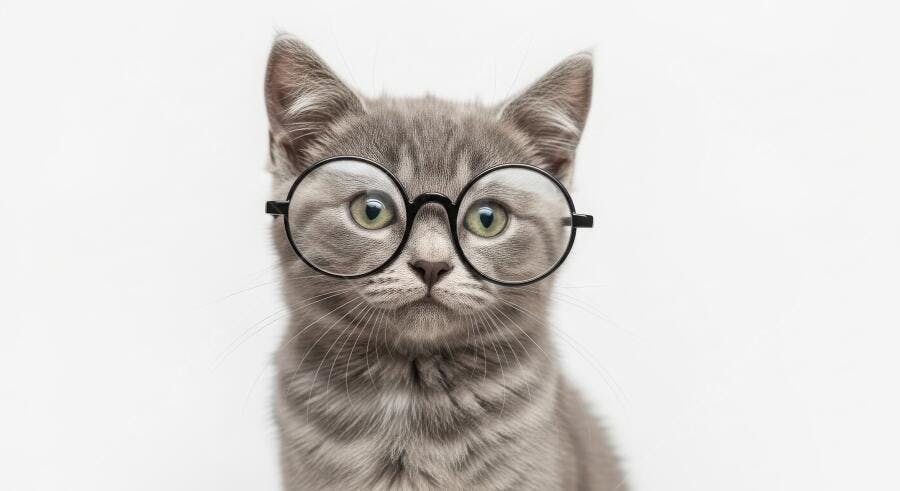 Foto Gato Cinza Filhote Óculos Fundo Branco Estúdio