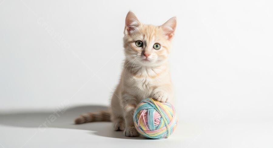 Foto Gato Filhote Branco Brincando com Novelo de Lã Colorido