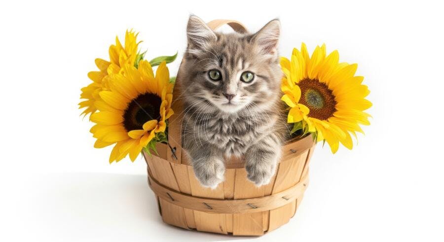 Foto Gato Filhote Cinza Cesta Girassóis Fundo Branco