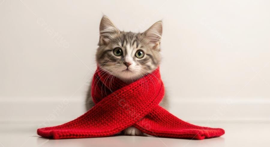 Foto Gato Filhote Cinza Listrado Cachecol Vermelho Inverno