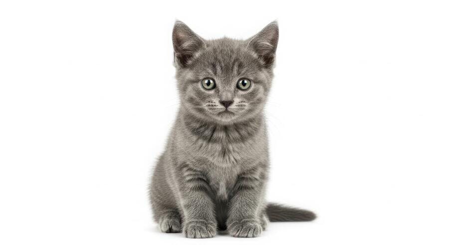 Foto Gato Filhote Cinza Listrado Sentado Fundo Branco