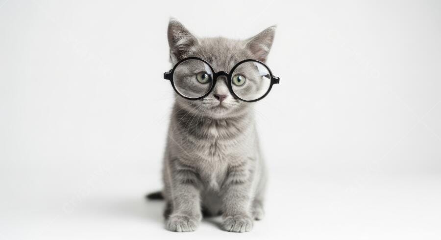 Foto Gato Filhote Cinza Óculos Sentado Fundo Branco