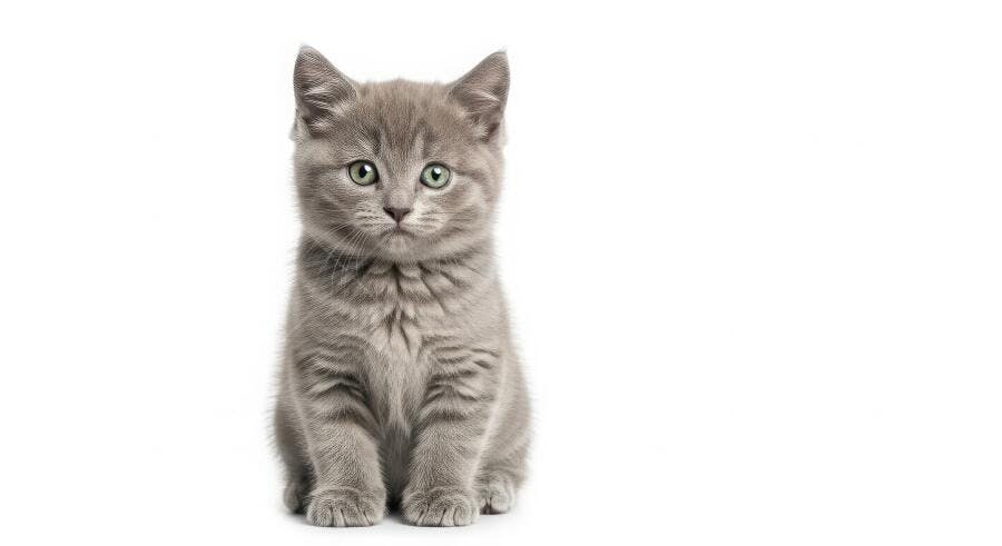 Foto Gato Filhote Cinza Sentado Olhando Câmera Fundo Branco