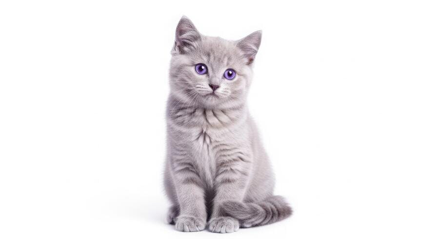 Foto Gato Filhote Cinza Sentado Olhos Azuis Fundo Branco
