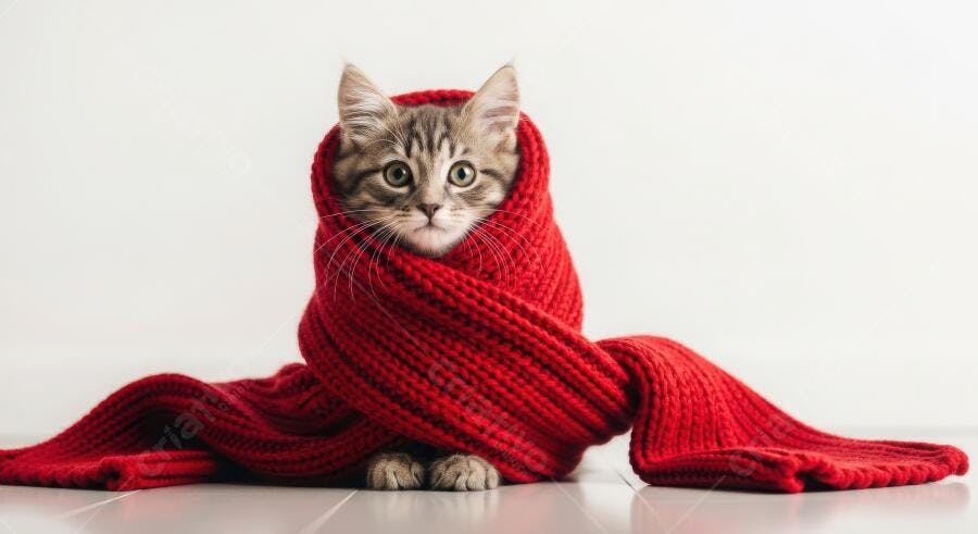 Foto Gato Filhote Enrolado Cachecol Vermelho Fundo Branco
