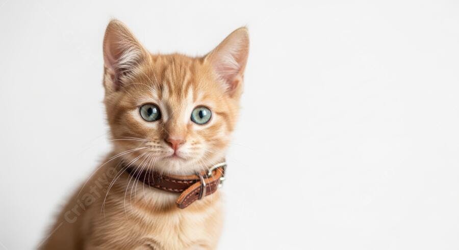 Foto Gato Filhote Laranja Olhos Azuis Coleira Marrom