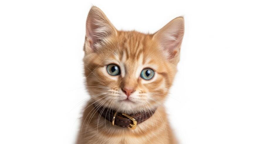 Foto Gato Filhote Laranja Olhos Azuis Coleira Marrom