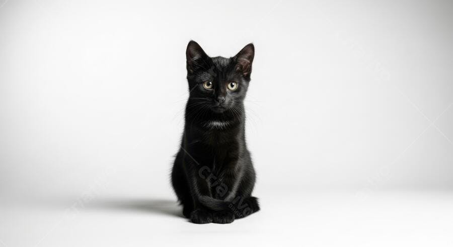Foto Gato Preto Filhote Olhos Verdes Fundo Branco Estúdio