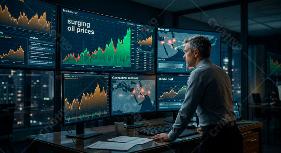 Foto Homem Analisando Gráficos Financeiros Mercado de Ações Noturno