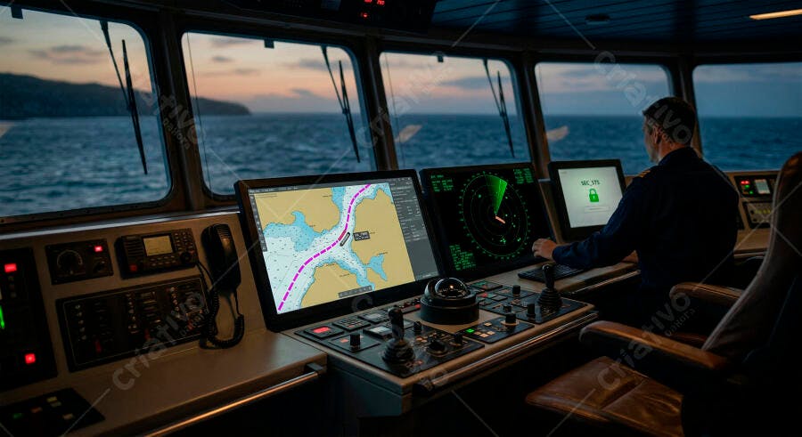 Foto Homem Capitão Navio Trabalhando Ponte de Comando Mar Aberto