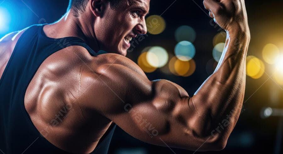 Foto Homem Forte Musculoso Flexionando Bíceps Academia